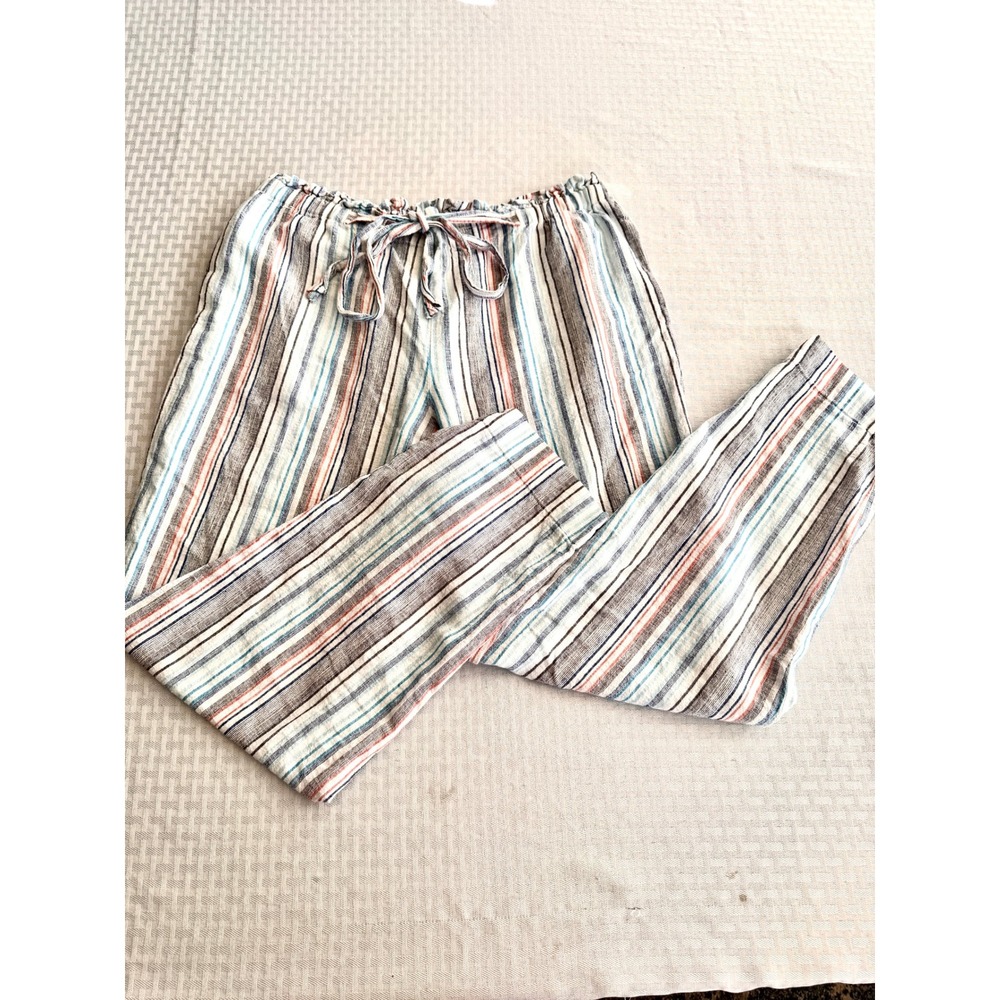 Beachlunchlounge Striped Linen Blend Pants Blue Tan Boho Paperbag Waist Large